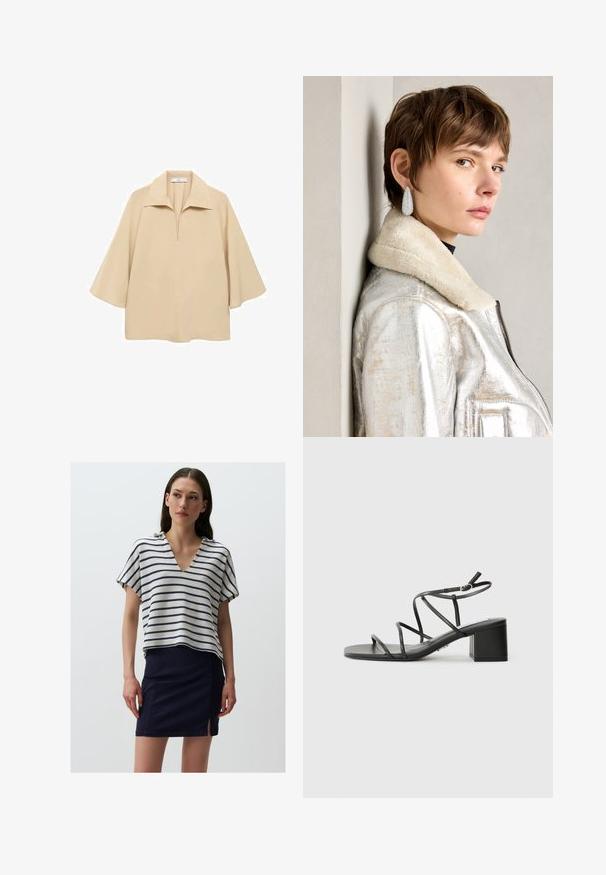 Beige Bluse aus leichtem Stoff, mit weitem Kragen, halbem Knopfverschluss und halblangen Ärmeln in lockerer Passform.; Gestreifter Stricktop mit V-Ausschnitt, der horizontale Streifen in Marineblau und Creme zeigt. Kombiniert mit einem Marineblauen Rock mit seitlichem Schlitz.; Schwarze Riemchensandalen mit quadratischer Spitze und einem breiten Absatz, aus glattem Material gefertigt. Sie verfügen über verstellbare Knöchelriemen und minimalen Beschlag.; Silberne metallische Lederjacke mit Schaffellkragen, mit Reißverschluss und strukturiertem Oberflächen. Große Tropfenohrringe mit klaren Edelsteinen.
