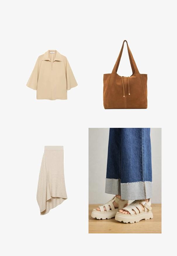 Bluză bej, realizată dintr-un material ușor, cu un guler larg, placket pe jumătate și mâneci până la cot, cu o croială lejeră.; Mango Fustă maxi - off-white; Sandale platform bej cu talpă groasă au un design cu bretele și curea ajustabilă la gleznă. Sunt purtate cu pantaloni din denim cu picior larg, iar un tiv este desfăcut.; Geantă tote din suede maro cu două mânere lungi, închidere prin șnur și un design minimalistic. Textură netedă și fără accente vizibile de hardură.