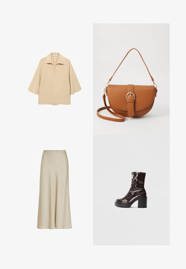 Beige blus gjord av lätt tyg, med en bred krage, halv knäppning och ärmar som når till armbågen med en lös passform.; Beige, satinmaxiklänning med en slät textur, A-linjeformad silhuett och en midja som mjukt flödar ner till fållen, vilket skapar en subtil drapering.; Glansig bordeauxfärgad ankelsko med en kraftig svart klack, som har en slät yta och enkel design. Inga synliga stängningar eller mönster.; Brun läder crossbody-väska med en böjd form, gyllene detaljer och en spänneaccent. Har en avtagbar axelrem.