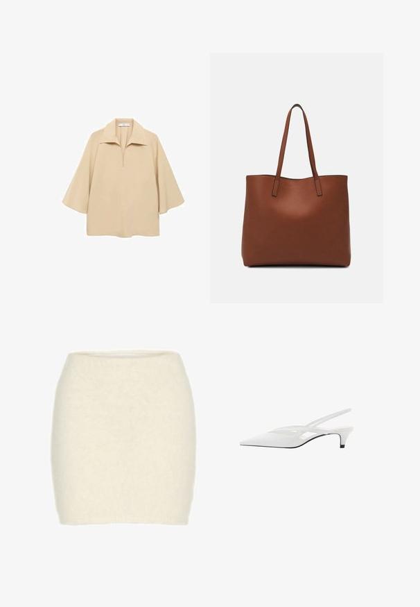 Bluză bej, realizată dintr-un material ușor, cu un guler larg, placket pe jumătate și mâneci până la cot, cu o croială lejeră.; Fustă mini albă din lână, textură moale și pufoasă, design ajustat, talie înaltă, fără modele sau accente vizibile.; Sandale albe cu toc slingback și vârf ascuțit, având un upper neted, decupaje subtile și un toc bloc mic. Talpa neagră accentuează designul.; Geantă de umăr din piele maro cu o textură netedă, design cu vârf deschis și două curele pentru umăr. Prezintă cusături minime și fără componente metalice vizibile.