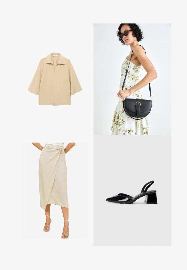 Bež bluza od lagane tkanine, sa širokim okovratnikom, polu dugmetom i rukavima do lakta s opuštenim krojem.; Bež suknja s omotom izrađena od teksturiranog lana, sa jedinstvenim zlatnim kopčanjem i asimetričnom dužinom do koljena.; Crne lakirane kožne sandale s otvorenom petom i špicastim vrhom, s geometrijskom blok petom. Imaju elegantan, minimalistički dizajn i glatku teksturu.; Crna kožna torba s lukovitim oblikom, odvojivim remenom i zlatnim detaljima. Torba ima preklop s kopčom.