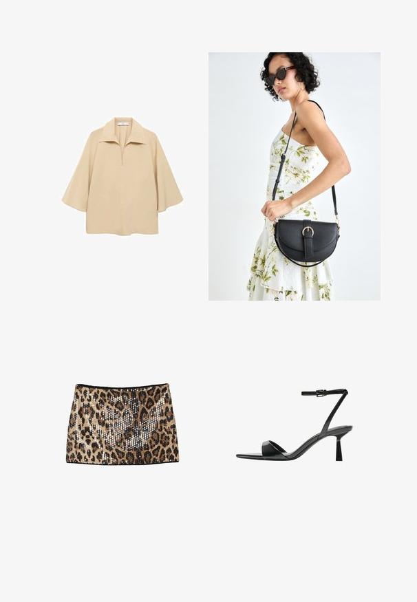 Blouse beige en tissu léger, dotée d'un large col, d'une demi-ouverte et de manches mi-longues avec une coupe ample.; Mini-jupe en imprimé léopard avec des sequins dorés et noirs, un design ajusté, et une taille noire.; Bershka Sandales à talons hauts - black; Sac à main en cuir noir avec une forme courbée, bandoulière amovible et des accessoires en or. Le sac est doté d'un rabat avec un détail de boucle.