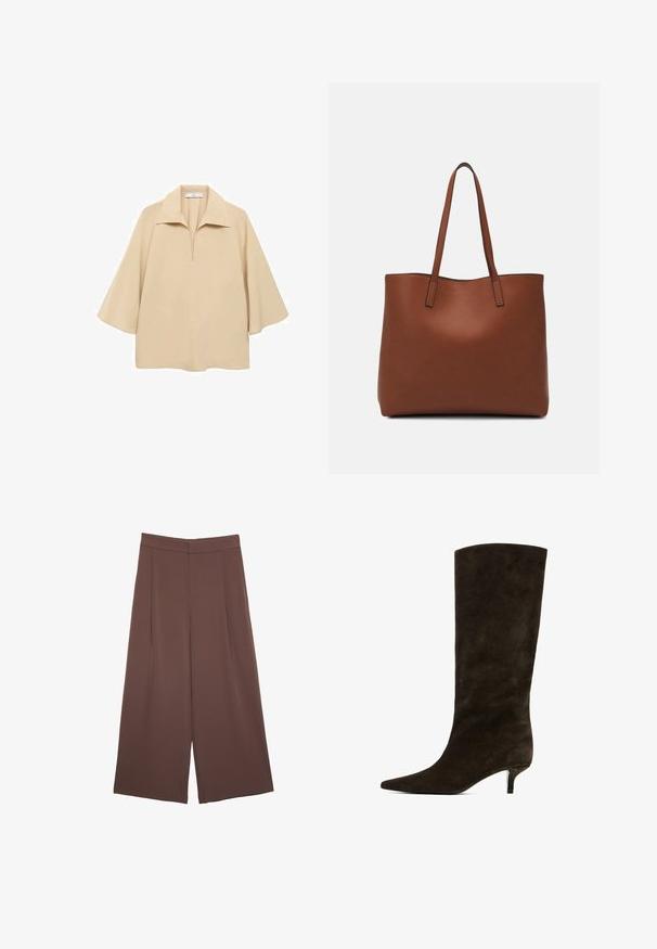 Beige blouse made of lightweight fabric, featuring a wide collar, half placket, and elbow-length sleeves with a loose fit.; Brown wide-leg trousers with a smooth texture, featuring a high waist and front pleats. The fabric is lightweight and flows loosely.; Brown suede knee-high boot with a pointed toe and low kitten heel, featuring a smooth texture and seamless design.; Brown leather tote bag with a smooth texture, open top design, and two shoulder straps. Features minimal stitching and no visible hardware.
