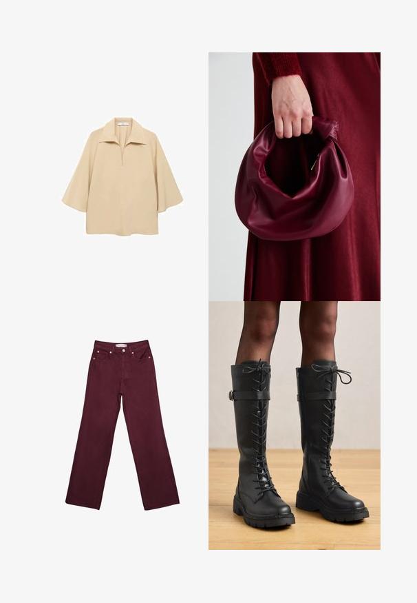 Beige paita valmistettu kevyestä kankaasta, jossa on leveä kaulus, puolipitkä nappilista ja kyynärpäälle ulottuvat hihat löysällä istuvuudella.; Burgundy korkeavyötäröiset farkut suoranlahkeisella designilla, joissa on etutaskut, nappisuljenta ja kuparinvärisiä varusteita.; Korkeat mustat nahkaiset nauhakatsojat, joissa on polven korkeudelle ulottuva muotoilu, pyöreä kärki, paksu tekstuuri pohja, sekä koristeellinen sivuhihna ja varusteet.; Burgundy-nahkakäsilaukku, jossa on pehmeä, ryppyinen muotoilu ja pyöreä muoto. Kahva on kiinnitetty tukevasti, ja siinä on sileä pinta.