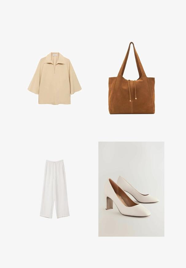 Blusa beige realizzata in un tessuto leggero, con un ampio colletto, mezza abbottonatura e maniche a tre quarti con vestibilità ampia.; Pantaloni a gamba larga bianchi realizzati in un tessuto leggero. Presentano una vita elastica con cordoncino e tasche laterali. Texture liscia.; Scarpe con tacco alto in pelle bianca con punta affusolata e tacco a blocco spesso. Superficie testurizzata con interno liscio.; Borsa a tracolla in suede marrone con due lunghe cinghie, chiusura con cordoncino e design minimalista. Texture liscia e senza elementi hardware visibili.