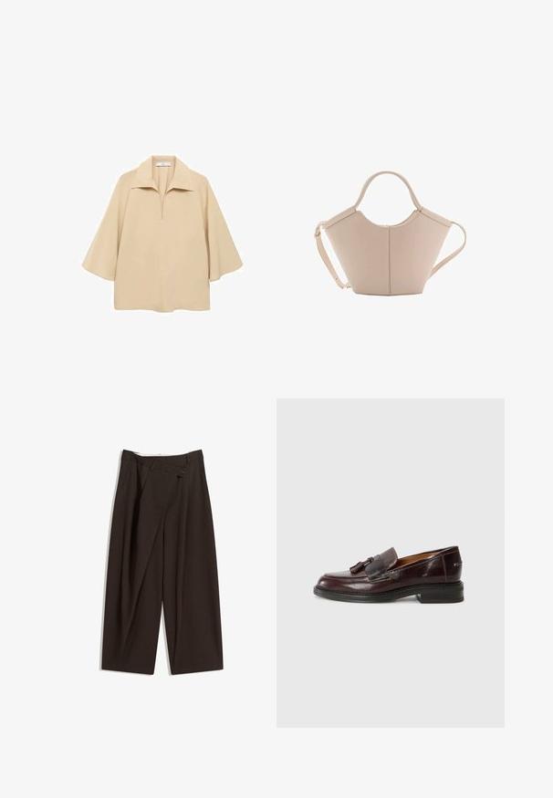 Beige blouse made of lightweight fabric, featuring a wide collar, half placket, and elbow-length sleeves with a loose fit.; Dark brown wide-leg trousers with a high waist, featuring a single button closure and a pleated front. Made from lightweight fabric.; Brown leather loafers with a tassel accent, rounded toe, low block heel, and a textured sole. Smooth finish with subtle stitching details.; Beige leather handbag with a unique shape, featuring two short handles and a long adjustable strap. Smooth texture with minimal hardware.