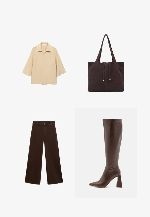 Beige blouse made of lightweight fabric, featuring a wide collar, half placket, and elbow-length sleeves with a loose fit.; Brown wide-leg trousers in cotton blend, featuring a frayed hem, front button closure, and classic five-pocket design. Minimalistic and versatile.; RAID TENBY - Boots - brown; Mango Tote bag - dark brown