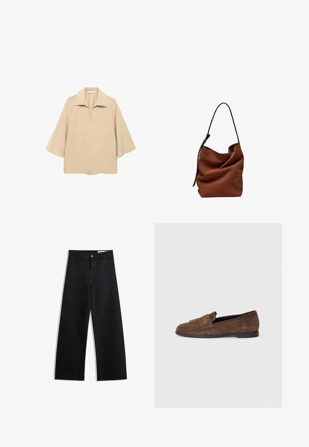 Blusa beige realizzata in un tessuto leggero, con un ampio colletto, mezza abbottonatura e maniche a tre quarti con vestibilità ampia.; Pantaloni in denim neri a gamba larga con vita alta, dotati di tasche anteriori e posteriori, cuciture a punto, e chiusura con bottone. Texture liscia.; Mocassini in suede marrone con una texture liscia, dotati di una fascia con un accento dorato e di una delicata frangia sulla punta. Suola piatta.; Borsa a spalla in suede marrone con una forma morbida e informe e una lunga tracolla, caratterizzata da una texture sottile e liscia e senza accessori visibili.