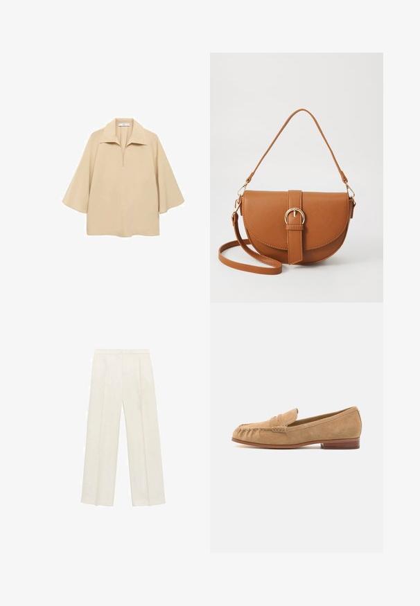 Béžová blúzka vyrobená z ľahkej tkaniny, s širokým golierom, poloklopom a rukávmi s dĺžkou po lakte, vo voľnom strihu.; Široké nohavice vo svetlej krémovej farbe. Vyrobené z hladkej látky s skladmi vpredu a bočnými vreckami.; Semišové loafre v svetlo béžovej farbe s okrúhlou špičkou, prednou strapcovou akcentáciou a nízkym dreveným opätkom. Hladká textúra a minimalizované švy.; Hnedá kožená kabelka cez telo s zakriveným tvarom, zlatými kovovými doplnkami a akcentom s prackou. Obsahuje odnímateľný ramenný popruh.