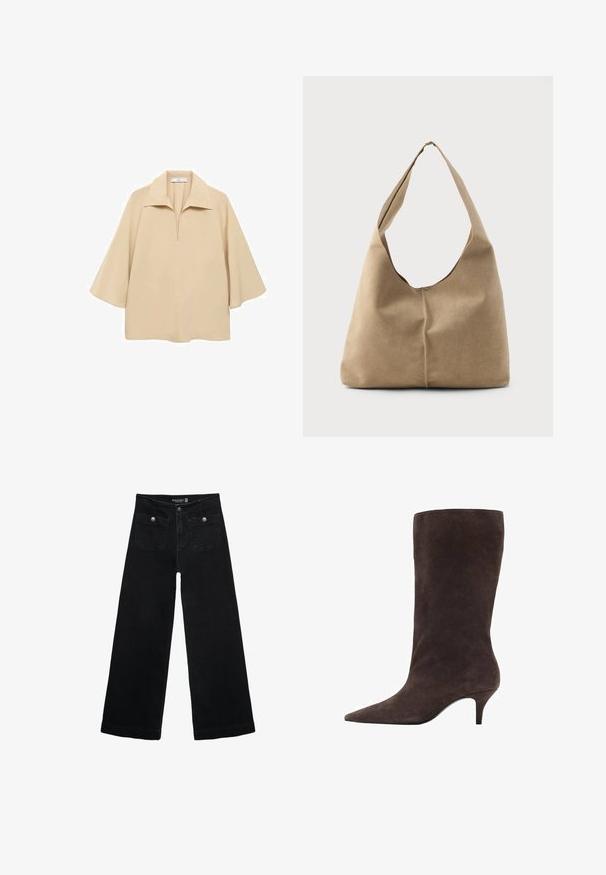 Blouse beige en tissu léger, dotée d'un large col, d'une demi-ouverte et de manches mi-longues avec une coupe ample.; Jean's larges noires avec taille haute, dotés de deux poches avant et d'accents en métal sur les boutons. Le tissu a une texture lisse.; Botte en daim marron hauteur genou avec un bout pointu et un talon de hauteur intermédiaire, présentant une texture lisse et un design élégant.; Sac hobo en suède beige doux avec une forme décontractée, une large bandoulière et un détail de couture à la main sur le devant.