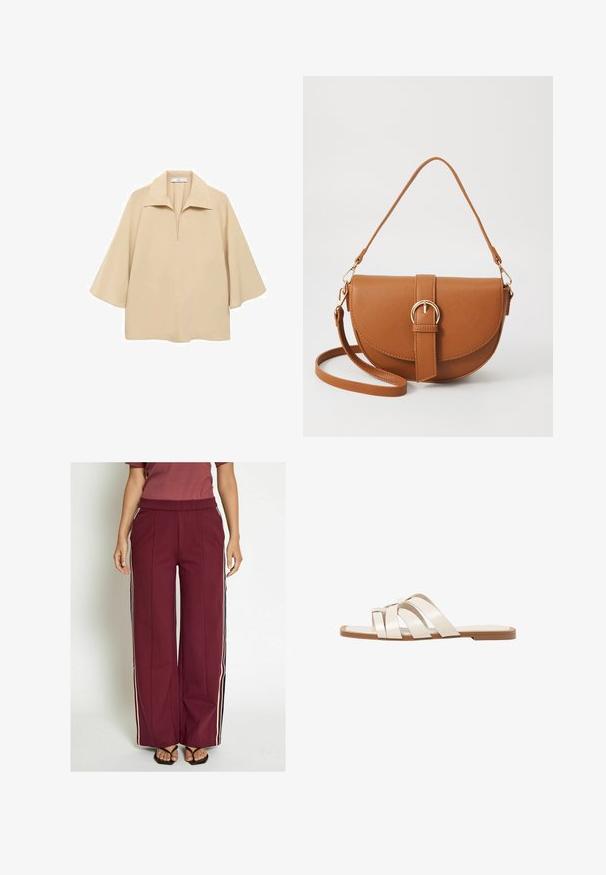 Beige blus gjord av lätt tyg, med en bred krage, halv knäppning och ärmar som når till armbågen med en lös passform.; Burgundy vida byxor med sidovilka i kräm och marinblå, med en åtsittande midja och en slät tygtextur.; Platta sandaler med en brun gummisula, designade med tre överlappande vita läderspännen och en liten rosett i mitten.; Brun läder crossbody-väska med en böjd form, gyllene detaljer och en spänneaccent. Har en avtagbar axelrem.