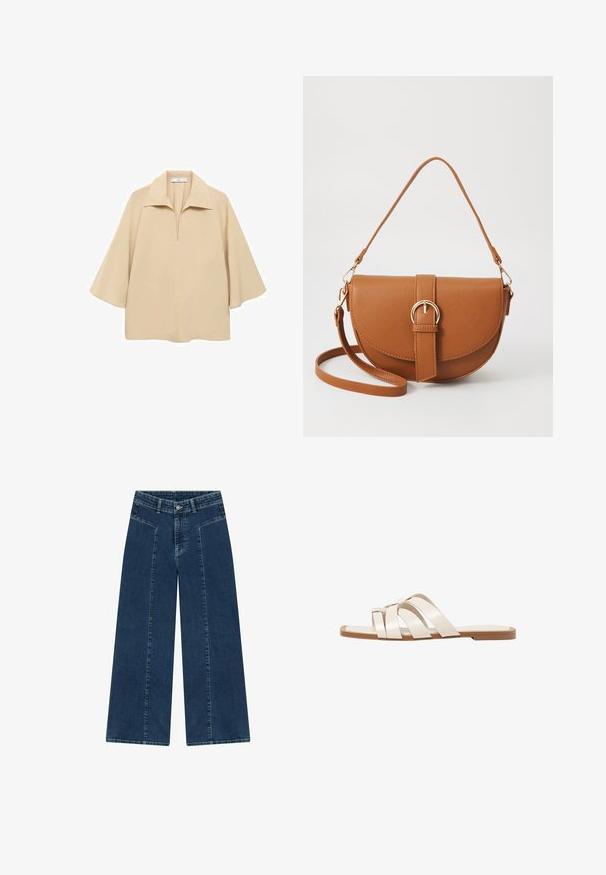 Beige blouse made of lightweight fabric, featuring a wide collar, half placket, and elbow-length sleeves with a loose fit.; Wide-leg denim jeans in a dark wash, featuring a high waist, front pockets, and a smooth texture. Stitching is slightly contrasting.; Flat sandals with a tan rubber sole, designed with three overlapping white leather straps and a small bow detail at the center.; Brown leather crossbody bag with a curved shape, gold hardware, and a buckle accent. Features a detachable shoulder strap.