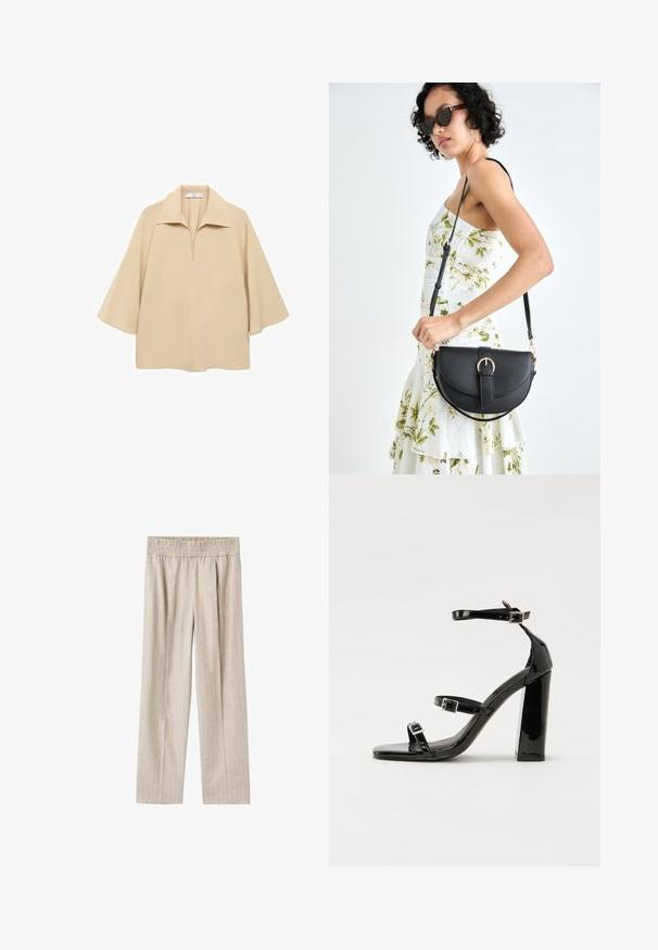 Beige paita valmistettu kevyestä kankaasta, jossa on leveä kaulus, puolipitkä nappilista ja kyynärpäälle ulottuvat hihat löysällä istuvuudella.; Vaaleanbeige leveälahkeiset housut, jotka on valmistettu teksturoidusta kankaasta, jossa on hienovaraiset pystysuorat raidat. Housuissa on mukavuutta lisäävä joustava vyötärö.; Musta kiiltävä korkokenkä sandaalit neliönmuotoisella varpaalla, nilkkaremmillä ja hopeisilla soljilla. Varustettu tukevalla lohkokorkealla vakauden takaamiseksi.; Musta nahkainen käsilaukku, joka on kaareva muotoilultaan, irrotettavalla hihnalla ja kultaisilla yksityiskohdilla. Laukussa on läppä, jossa on solk yksityiskohta.