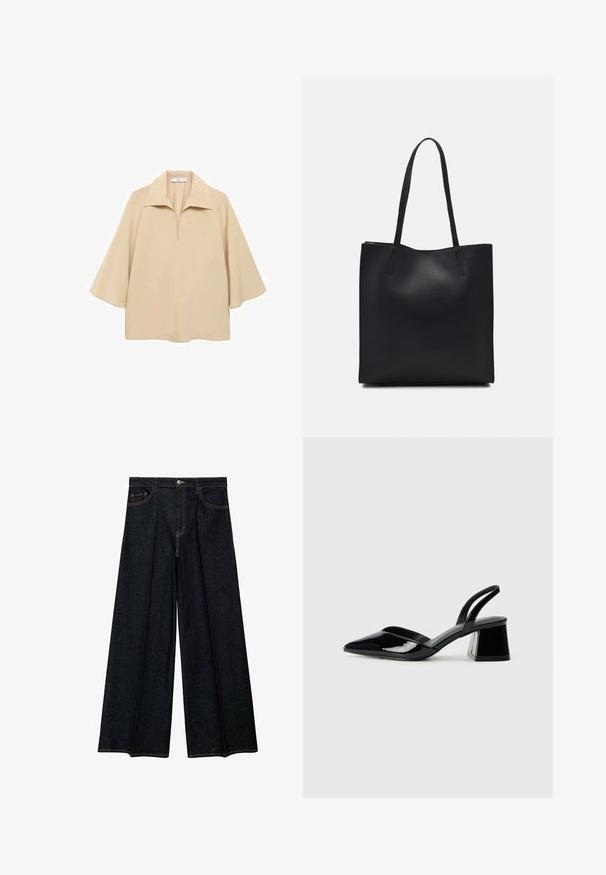 Bež bluza od lagane tkanine, sa širokim okovratnikom, polu dugmetom i rukavima do lakta s opuštenim krojem.; Široke traperice tamnog denima, s visokim strukom, prednjim džepovima i kontrastnom šavovima. Glatka tekstura s krojenim završetkom.; Crne lakirane kožne sandale s otvorenom petom i špicastim vrhom, s geometrijskom blok petom. Imaju elegantan, minimalistički dizajn i glatku teksturu.; Crna kožna torba za nošenje s glatkom teksturom, pravokutnim oblikom i dvije duge ručke. Nema vidljivih metalnih dijelova ili ukrasa.