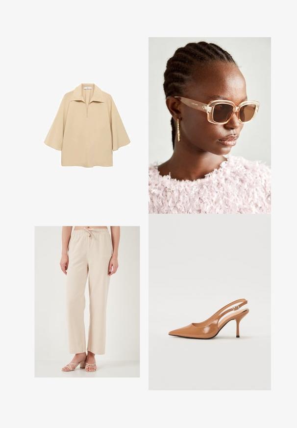 Beige bluse lavet af letvægtsstof, med en bred krave, halv plissé og ærmer til albuen med en løs pasform.; Beige, løstsiddende bukser med elastisk talje og snor. Glat tekstur; bredbenet design. Match med lette sandaler med stropper.; Spids tå slingback hæl i et glat, blankt tan materiale. Har et buet udskæring design og en slank stiletto hæl. Sølv spænde detalje.; Beige oversized solbriller med en klar ramme og brune tonede linser, med subtile blomstermotiver og et dristigt, geometrisk design.