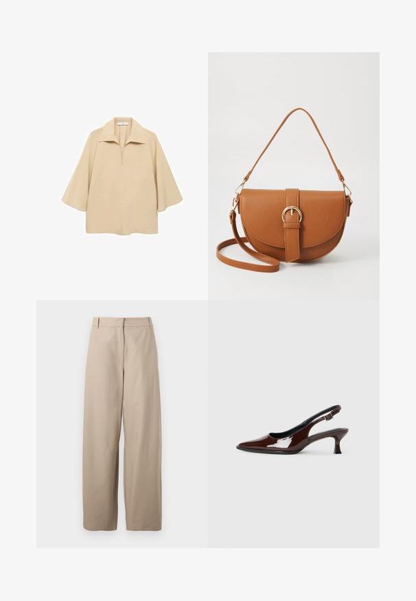 Beige blouse made of lightweight fabric, featuring a wide collar, half placket, and elbow-length sleeves with a loose fit.; Beige, wide-leg trousers made of cotton. Features flat front, two side pockets, and a smooth texture. Simple, functional design.; Brown patent leather slingback shoe with a pointed toe and a moderate heel. Features a buckle strap for secure fit. Smooth texture.; Brown leather crossbody bag with a curved shape, gold hardware, and a buckle accent. Features a detachable shoulder strap.