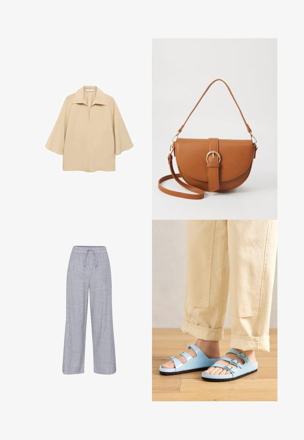 Beige blouse made of lightweight fabric, featuring a wide collar, half placket, and elbow-length sleeves with a loose fit.; Gray and white striped wide-leg pants with an elastic waistband and drawstring. Lightweight fabric with a relaxed fit.; Light blue slide sandals with three adjustable straps and silver buckles; textured sole and smooth upper material. Worn with rolled-up beige pants.; Brown leather crossbody bag with a curved shape, gold hardware, and a buckle accent. Features a detachable shoulder strap.