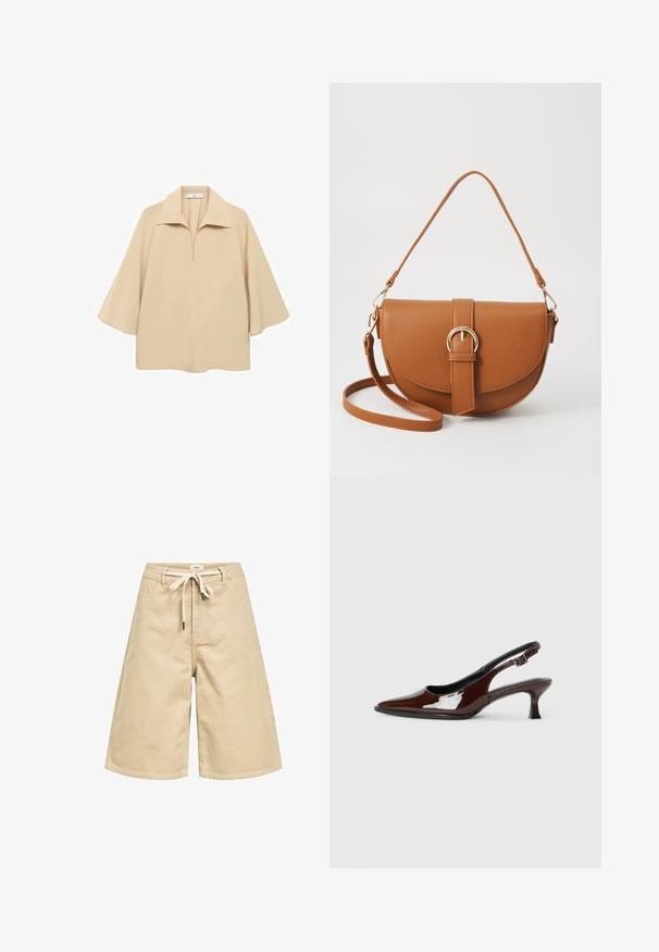 Bežna bluzica iz lahkega materiala, z širokim ovratnikom, polnim zatičem in rokavi do komolcev ter ohlapnim krojem.; Bež bombažne kratke hlače s sproščenim krojem, z vrvico v pasu, sprednjimi žepe in gladko teksturo. Vidna robna šivanje.; Rjavi lakirani slingback čevelj z ostro konico in zmerno peto. Ima zaponko za varno prileganje. Gladka tekstura.; Rjava usnjena torbica prek telesa s ukrivljeno obliko, zlate opreme in sponko. Ima odstranljiv naramni trak.