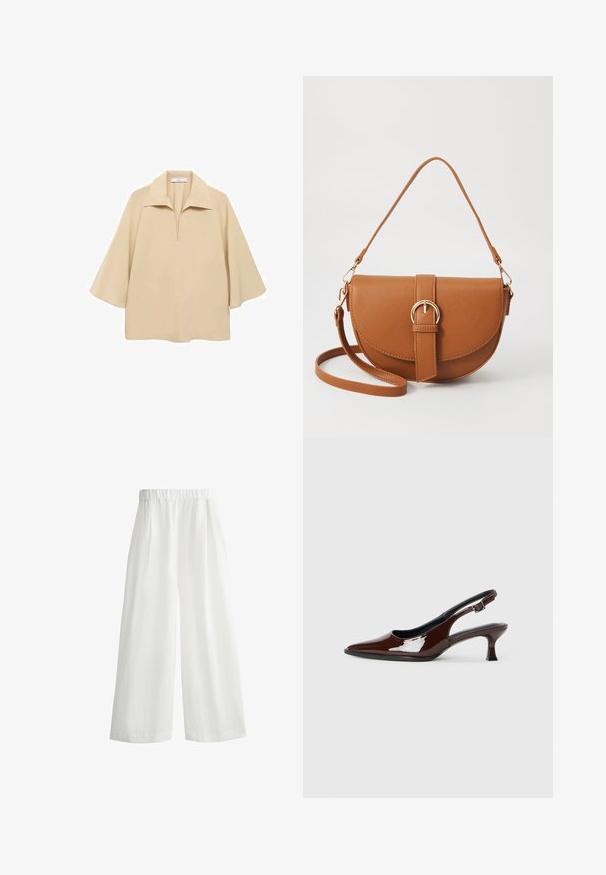 Beige blůza vyrobená z lehkého materiálu, s širokým límcem, půl placketem a rukávy do loktů s volným střihem.; Bílé široké kalhoty s elastickým pasem, se sklady na přední části a lehkým texturovaným materiálem.; Hnědé lakované kožené slingback boty s špičatou špičkou a mírným podpatkem. Disponují přezkou pro bezpečné upevnění. Hladký povrch.; Hnědá kožená křížová taška s zakřiveným tvarem, zlatými detaily a akcentem s přezkou. Obsahuje odnímatelný popruh na rameno.