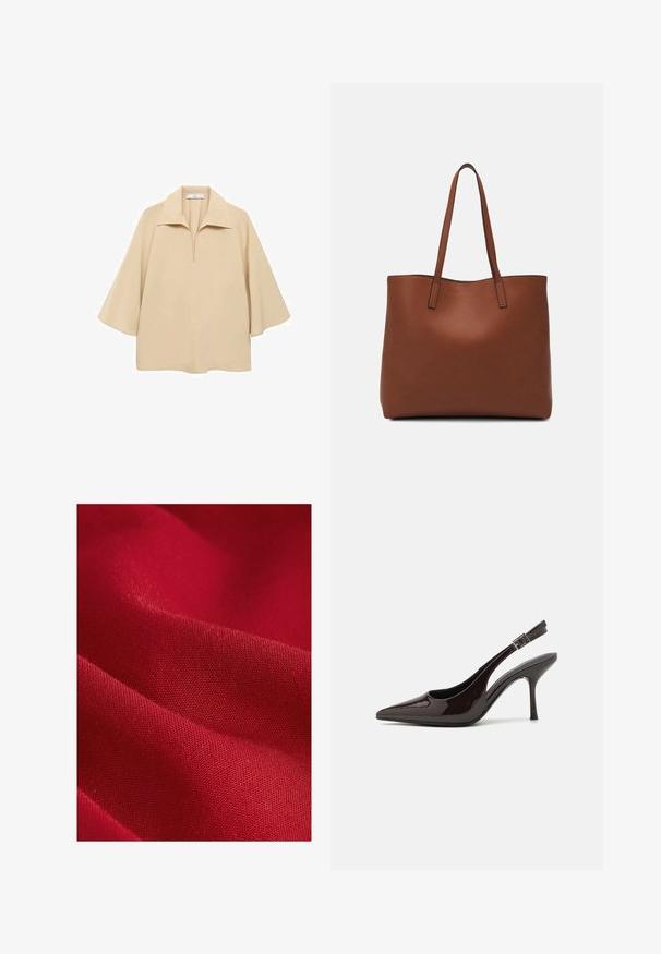 Beige paita valmistettu kevyestä kankaasta, jossa on leveä kaulus, puolipitkä nappilista ja kyynärpäälle ulottuvat hihat löysällä istuvuudella.; Punainen kangas, jossa on sileä pinta, hieno kudonta ja kevyt kiilto, esittelee lempeitä poimuja ja muotoja.; Korkokenkät tummanruskeasta kiiltävästä patenttinnahasta, teräväkärkiset, avoimet sivut ja säädettävä nilkkaremmi.; Ruskea nahkainen olkalaukku, jossa on sileä pinta, avoin yläosa ja kaksi olkahihnaa. Omaavat vain minimaalisen ompelun eikä näkyvää metalliosaa.