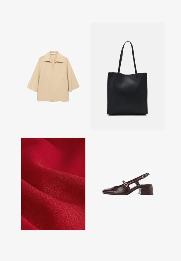 Beige blůza vyrobená z lehkého materiálu, s širokým límcem, půl placketem a rukávy do loktů s volným střihem.; Červená látka s hladkou texturou, která se vyznačuje jemným tkaním a mírným leskem, vykazuje jemné záhyby a kontury.; Hnědé kožené slingback podpatky se čtveratou špičkou, výřezovými stranami a blokovým podpatkem. Obsahuje přezku na kotníkovém pásku.; Černá kožená taška přes rameno s hladkým povrchem, obdélníkovým tvarem a dvěma dlouhými uchy. Žádné viditelné kování ani ozdoby.