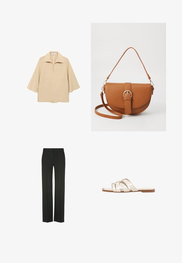 Bežna bluzica iz lahkega materiala, z širokim ovratnikom, polnim zatičem in rokavi do komolcev ter ohlapnim krojem.; Črne široke hlače iz gladkega blaga; imajo ravno sprednjo stran s pregibi, zanko za pas in kroj, prilagojen postavi.; Ravne sandale s svetlo rjavim gumijastim podplatom, zasnovane s tremi prekrivajočimi se belimi usnjenimi trakovi in majhnim lokom na sredini.; Rjava usnjena torbica prek telesa s ukrivljeno obliko, zlate opreme in sponko. Ima odstranljiv naramni trak.