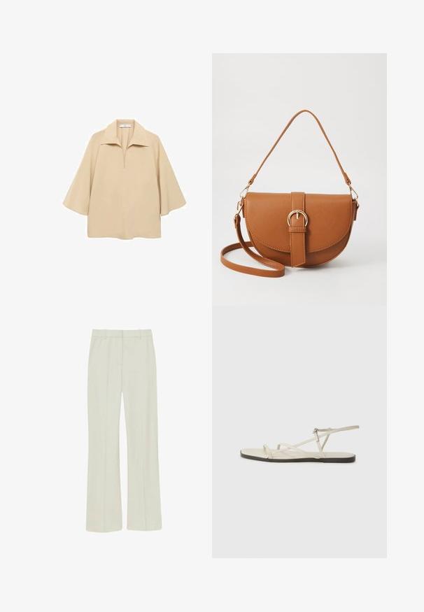Béžová blúzka vyrobená z ľahkej tkaniny, s širokým golierom, poloklopom a rukávmi s dĺžkou po lakte, vo voľnom strihu.; Svetlo béžové nohavice vyrobené z hladkej tkaniny, s rovnými nohavicami, s prešívaním na prednej strane a štandardným pásom s pútkami na opasok.; Béžové ploché sandále s viacerými štíhlymi popruhmi a nastaviteľnou prackou. Podrážka je plochá s jemným tmavým kontrastom na okraji.; Hnedá kožená kabelka cez telo s zakriveným tvarom, zlatými kovovými doplnkami a akcentom s prackou. Obsahuje odnímateľný ramenný popruh.