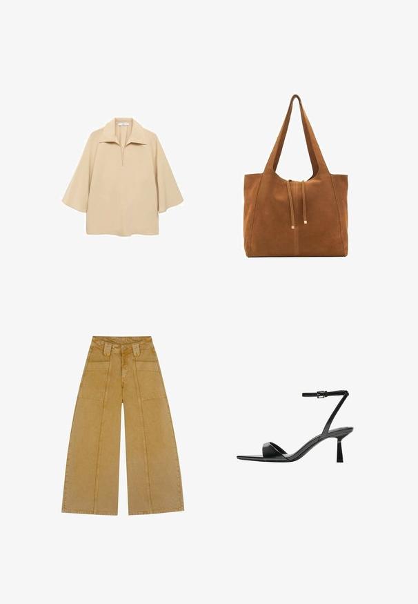 Beige blůza vyrobená z lehkého materiálu, s širokým límcem, půl placketem a rukávy do loktů s volným střihem.; Široké kalhoty v světlém hořčicovém odstínu, vyrobené z denimu s hladkou texturou. Mají dvě přední kapsy a zapínání na knoflík.; Bershka Sandály na vysokém podpatku - black; Hnědá semišová taška s dvěma dlouhými popruhy, stahovací šňůrkou a minimalistickým designem. Hladký povrch a žádné viditelné kovové akcenty.