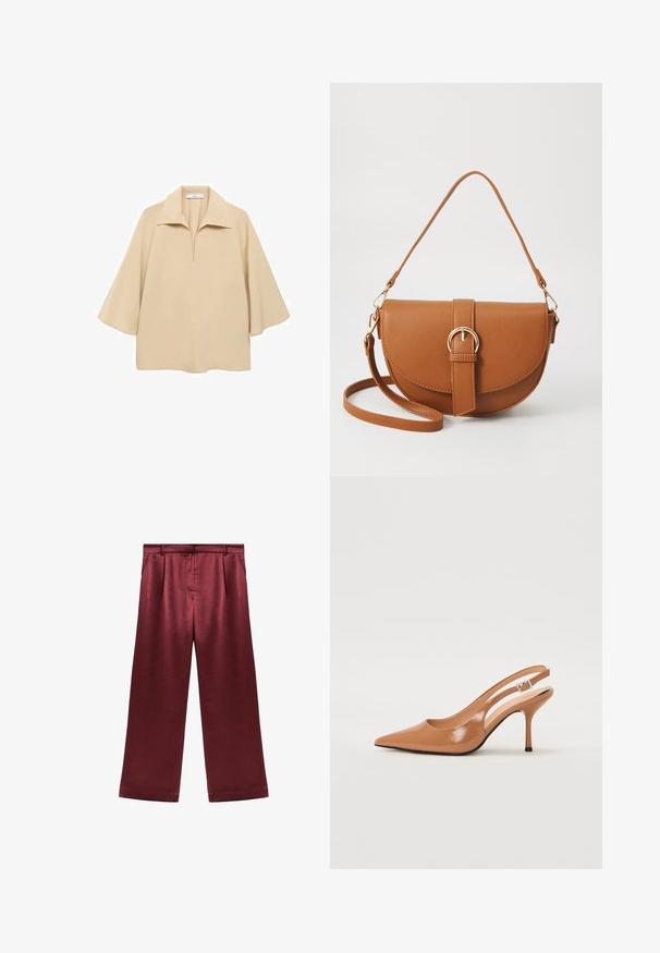 Beige blouse made of lightweight fabric, featuring a wide collar, half placket, and elbow-length sleeves with a loose fit.; Burgundy wide-leg trousers made of satin with a smooth texture, featuring a high waist and two side pockets for functional detail.; Pointed toe slingback heel in a smooth, glossy tan material. Features a curved cutout design and a slender stiletto heel. Silver buckle detail.; Brown leather crossbody bag with a curved shape, gold hardware, and a buckle accent. Features a detachable shoulder strap.