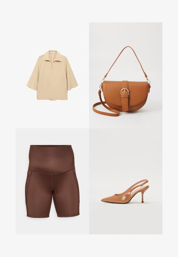 Bluză bej, realizată dintr-un material ușor, cu un guler larg, placket pe jumătate și mâneci până la cot, cu o croială lejeră.; Shorts atletici maro cu talie înaltă, textură netedă și cusături plate. Designul are o formă ajustată și o croială până la genunchi.; Pantofii cu toc slingback, cu vârful ascuțit, dintr-un material tan neted și strălucitor. Prezintă un design cu decupaj curbat și un toc subțire stil stiletto. Detaliu cu cataramă argintie.; Geantă din piele maro, tip crossbody, cu o formă curbată, accesorii aurii și un accent cu cataramă. Dispune de un curea de umăr detașabilă.
