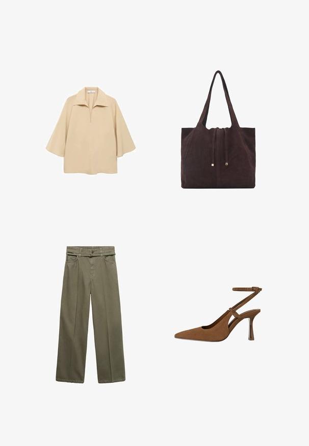 Beige paita valmistettu kevyestä kankaasta, jossa on leveä kaulus, puolipitkä nappilista ja kyynärpäälle ulottuvat hihat löysällä istuvuudella.; Tummanvihreät, leveälahkeiset housut, jotka on valmistettu puuvillasta. Varustettu vetoketjulla, nappikiinnityksellä ja kahdella etutaskulla. Sujuva ja kestävä rakenne.; Ruskea mokkanahkainen slingback-korkokenkä, jossa on teräväkärkinen muoto ja ohut nilkkaremmi, ja jonka erityispiirteenä on kirkas geometrinen korko.; Mango Shopping bag - dark brown