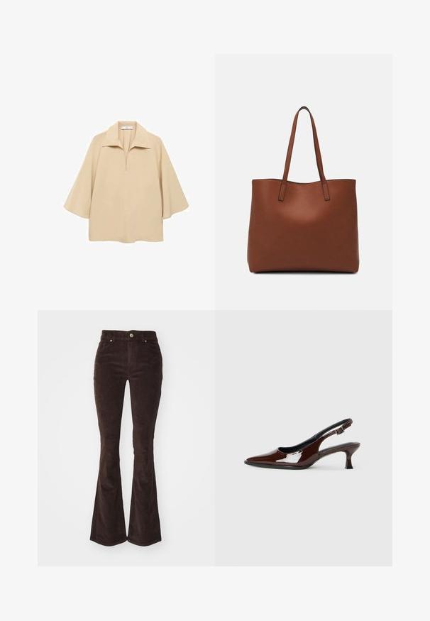 Blusa beige realizzata in un tessuto leggero, con un ampio colletto, mezza abbottonatura e maniche a tre quarti con vestibilità ampia.; Vero Moda VMFLASH FLARED PANTS - Pantaloni - chocolate torte; Scarpa slingback in pelle verniciata marrone con punta affusolata e tacco moderato. Presenta una fascia con fibbia per una calzata sicura. Tessuto liscio.; Borsa tote in pelle marrone con texture liscia, design con apertura superiore e due spallacci. Presenta cuciture minime e nessun hardware visibile.