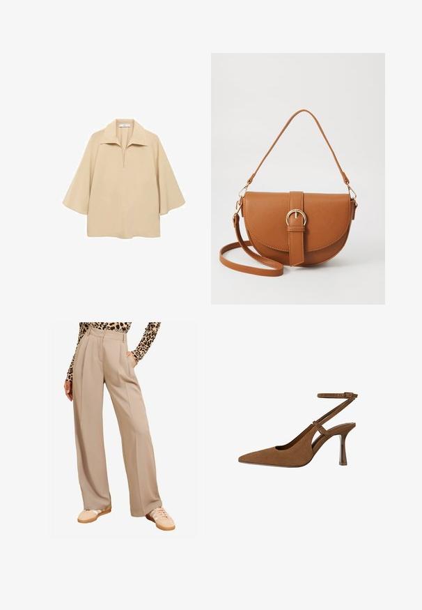 Bež bluza od lagane tkanine, sa širokim okovratnikom, polu dugmetom i rukavima do lakta s opuštenim krojem.; Bež hlače širokog kroja s plitkim naborima, s džepovima i glatkom teksturom. Uparene s bež tenisicama i majicom sa uzorkom leopard. ; Smeđi zamšasti sandal s visokom potpeticom, šiljatim prstom i tankim remenom oko gležnja, s prozirnom geometrijskom potpeticom.; Smeđa kožna torba preko tijela s zakrivljenim oblikom, zlatnim metalnim detaljima i naglaskom na kopču. Ima odvojivu naramenicu.