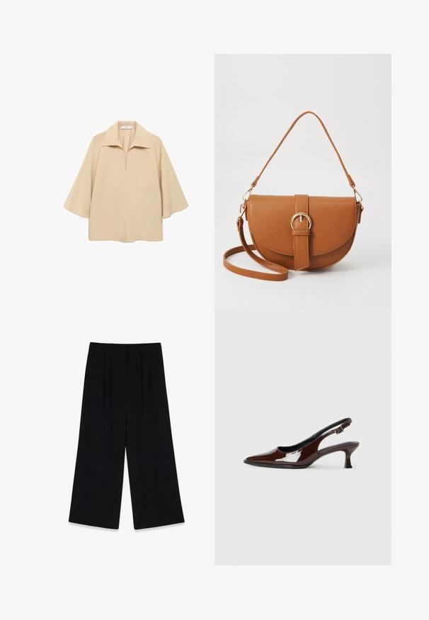 Beige blouse made of lightweight fabric, featuring a wide collar, half placket, and elbow-length sleeves with a loose fit.; Black wide-leg trousers made of smooth fabric, featuring pleats at the front, a mid-rise waist, and no visible fastenings or embellishments.; Brown patent leather slingback shoe with a pointed toe and a moderate heel. Features a buckle strap for secure fit. Smooth texture.; Brown leather crossbody bag with a curved shape, gold hardware, and a buckle accent. Features a detachable shoulder strap.