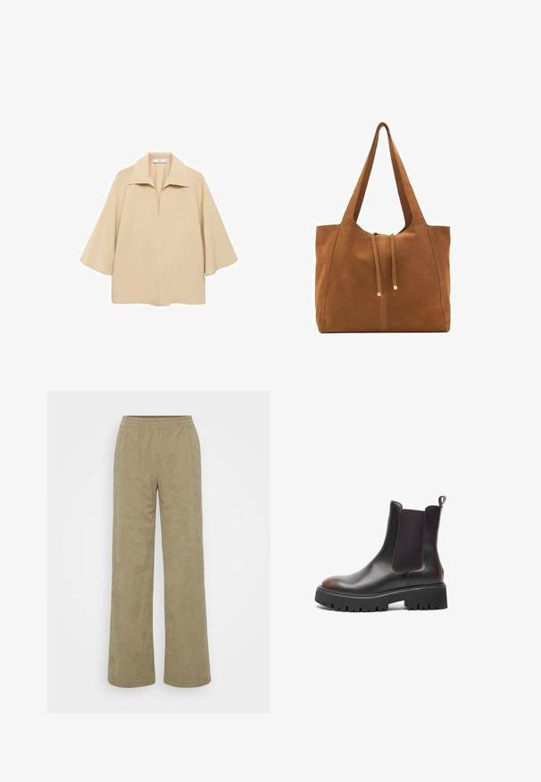 Bluză bej, realizată dintr-un material ușor, cu un guler larg, placket pe jumătate și mâneci până la cot, cu o croială lejeră.; Pantaloni din corduroy cu croi larg, într-o nuanță de verde măsliniu atenuat. Prezintă linii texturate, talie elastică și o croială confortabilă. Fără buzunare vizibile.; Botine din piele maro până la gleznă, cu panouri elastice pe laterale, talpă robustă din cauciuc negru, vârf rotunjit, cusături contrastante și tab de tragere la spate.; Geantă tote din suede maro cu două mânere lungi, închidere prin șnur și un design minimalistic. Textură netedă și fără accente vizibile de hardură.