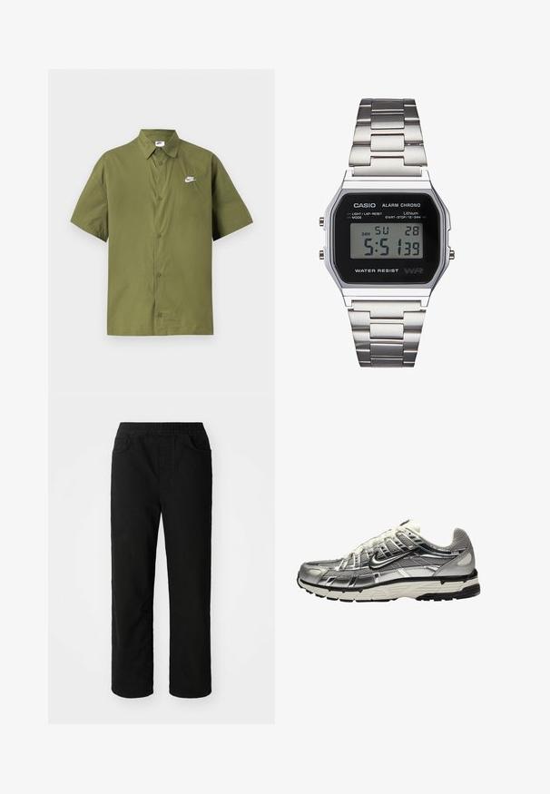 Cămașă cu mânecă scurtă, de culoare verde măsliniu, fabricată dintr-un material ușor, cu închidere cu nasturi și un mic logo alb Nike pe pieptul stâng.; Pantaloni din bumbac negri cu o croială lejeră, talie elastică, două buzunare frontale și picioare drepte. Textură netedă, fără modele vizibile.; Încălțăminte sportivă argintie și neagră, cu un superior din plasă și material sintetic, design voluminos și finisaj texturat. Dispune de un guler captusit și talpă din cauciuc.; Ceas digital Casio cu un cadran negru, brățară din oțel inoxidabil argintiu, carcasă rectangulară și butoane pentru lumină, resetare tură și ajustări de mod.