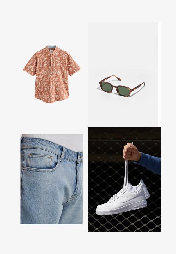 Kratka košulja na kopčanje u terakota boji s bijelim cvjetnim uzorkom. Ima džep na prsima i uzorkovani unutarnji ovratnik.; Svijetloplave traperice klasičnog kroja, s stražnjim džepom, kontrastnim šavovima i glatkom teksturom.; Bijele kožne tenisice s perforacijama, okruglim vrhom, ravnim potplatom i debelim vezicama, s vidljivim swoosh logom i natpisom "AIR" na peti.; Tortoiseshell sunčane naočale s zelenim lećama, sa osmerokutnim oblikom i tankim, zakrivljenim drškama. Materijal ima sjajnu završnu obradu.