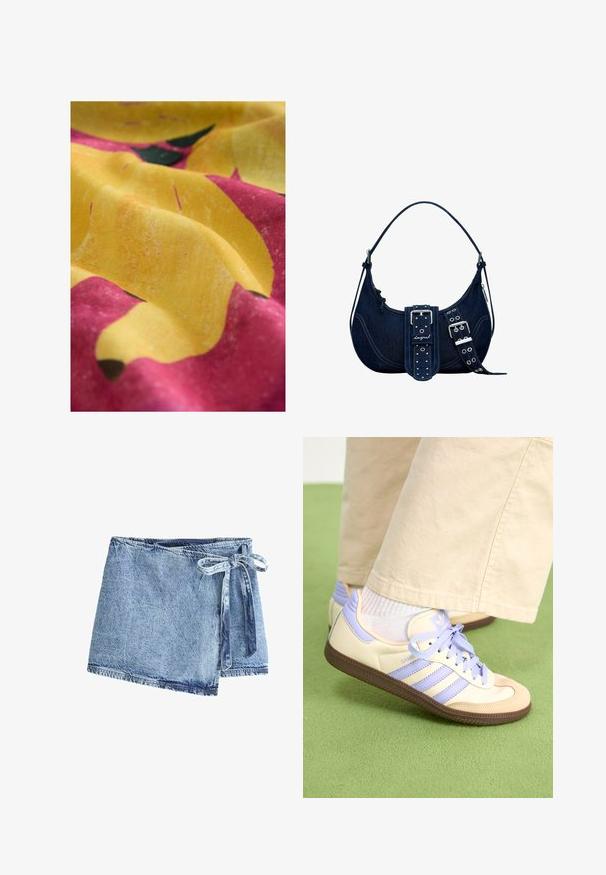 Tela amarilla con un colorido patrón floral que presenta grandes pétalos amarillos y acentos rosas, mostrando una textura suave y un ligero brillo.; Falda envolvente de mezclilla en azul claro, con un cierre de lazo. La tela tiene un acabado texturizado y un dobladillo sin rematar con detalles de costura en contraste.; Zapatillas de crema y lavanda con tres rayas y una suela marrón texturizada, que cuentan con cordones y un talón acolchado. Parte superior de tela suave.; Bolso de hombro de denim azul oscuro con parte superior curva, herrajes plateados, un llamativo detalle de hebilla y acentos de tiras con tachuelas. Compartimento con cremallera visible.