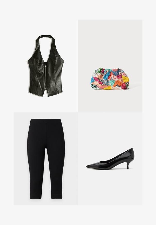 Top halter in pelle nera con scollatura a V profonda, dotato di una cerniera frontale e di una fascia raccolta per il collo per un tocco di dettaglio e texture.; Leggings capri neri realizzati in materiale elasticizzato, con una vestibilità aderente e una texture liscia, privi di motivi o accenti prominenti.; Scarpa con tacco alto in vernice nera, con punta affilata e tacco a stiletto basso. Texture liscia e design minimalista, senza motivi o accenti visibili.; Borsa a pochette intrecciata colorata con vari motivi in rosa, blu, verde e giallo, arricchita da dettagli testurizzati e decorazioni.
