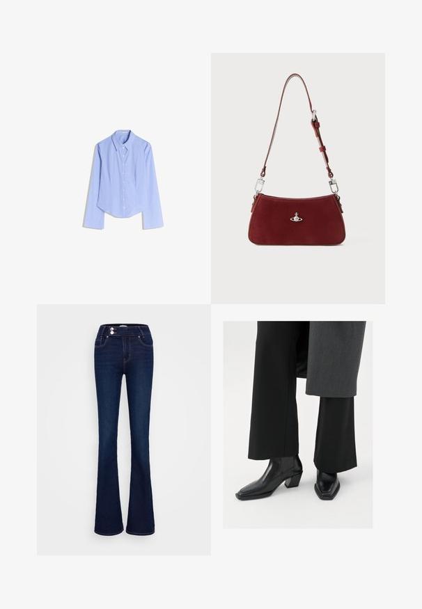 Cămașă cu butoni, cu un model de carouri albastre și albe, mâneci lungi, guler ascuțit și margine curbată. Fabricată din bumbac ușor.; Jeanși evazați de culoare albastru închis, cu talie înaltă, două buzunare frontale și două închideri cu nasturi. Fabricati din denim cu o textura netedă.; Botine negre până la gleznă, cu vârf pătrat și toc conic, fabricate din piele lucioasă, cu accente ribbed verticale pe laterale.; Geantă de umăr din suede roșu, cu o formă curbată. Are un accent de ton argintiu și o curea ajustabilă cu detalii din metal. Textură netedă.