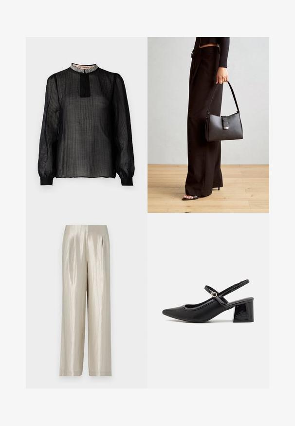 Svart, skjær langermet bluse med plissert design, høy krage dekorert med perler, og elastiske mansjetter.; Bukser i lysebeige satinmateriale med en glat tekstur, featuring høj talje, brede ben og subtile folder for ekstra detaljer.; Sorte lakk lær slingback hæler med spiss tå, et avrundet utskjæringsdesign og blokkheel. Har en gulltone spenne som detalj.; Svart håndveske med strukturert form, jevn tekstur og metallisk lås. Kombinert med brede svarte bukser og sandaler med åpen tå på tregulv.