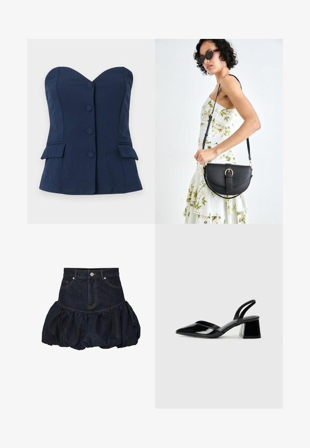 Námořnická modrá top bez ramínek s výstřihem ve tvaru srdce, předními knoflíky a bočními kapsami. Vyrobeno z hladké látky, s přizpůsobeným střihem.; Tmavě modrá džínová sukně s přiléhavým pasem a nařaseným, vypouklým spodním lemem. Má přední kapsy a kovové zapínání na knoflík.; Černé lakované kožené lodičky na pásku s špičatou špičkou a geometrickým blokovým podpatkem. Vyznačují se elegantním, minimalistickým designem a hladkým povrchem.; Černá kožená kabelka s křivkovým tvarem, odnímatelným popruhem a zlatými detaily. Kabelka má klopu s přezkou.