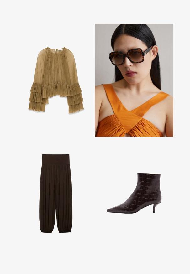 Top marrone plissettato con maniche a campana, caratterizzato da volant stratificati ai polsini e al collo. Realizzato in tessuto leggero e testurizzato.; Pantaloni marroni a pieghe con una ampia cintura elastica. Il tessuto è leggero e texture, con orli arricciati ai polsini.; Stivaletti alla caviglia in pelle nera con effetto coccodrillo, dalla punta affusolata e tacco corto e sottile. Texture liscia con un motivo distintivo e un design elegante.; Occhiali da sole oversize in tartaruga marrone con una ampia montatura rettangolare e lenti sfumate. Dettaglio del logo in oro sul lato.; Borsa tote in suede marrone con un design triangolare, manici lunghi e una grande apertura superiore con un dettaglio di manico a intaglio.