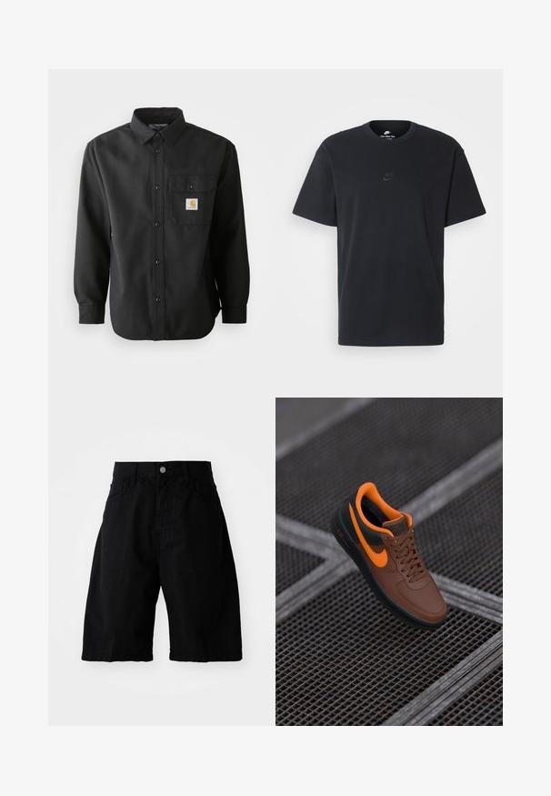 Zwarte longsleeve shirt met een knoopsluiting aan de voorkant, puntige kraag en een borstzak met een logo patch. Zacht, gestructureerd materiaal.; Zwarte katoenen t-shirt van Nike met een klassieke ronde hals, korte mouwen en een subtiele, reliëflogo op de borst. Gladde textuur.; Zwarte katoenen shorts hebben een ontspannen pasvorm, twee zijzakken, een knoopsluiting en schone randen, geschikt voor casual kleding.; Bruine leren sneaker met oranje accenten, ronde neus, vetersluiting en textuur oppervlakte. Groene rubberen zool met zichtbare "AIR" branding.