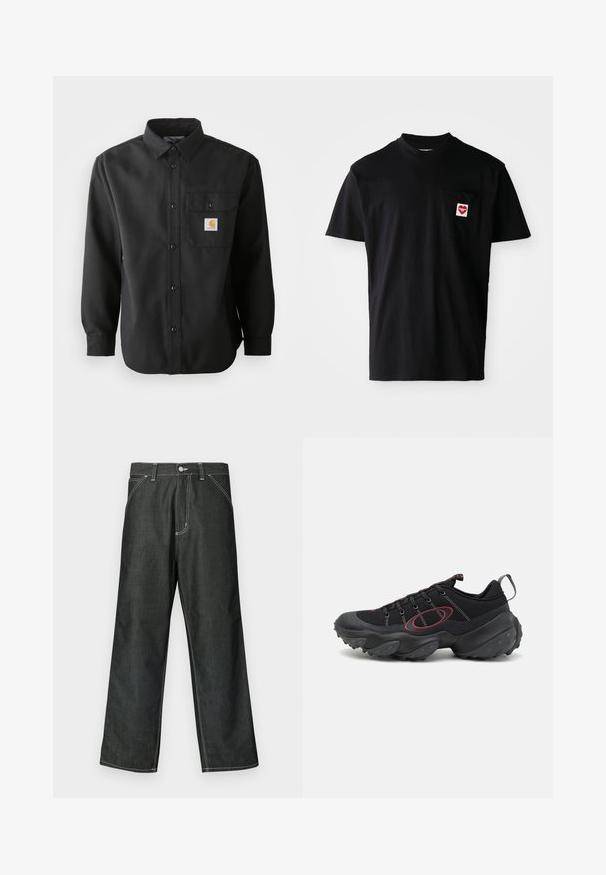 Maglietta nera a maniche lunghe con bottoni sul davanti, colletto a punta e taschino sul petto con una toppa con logo. Tessuto morbido e strutturato.; Maglietta nera in cotone con scollatura rotonda, maniche corte e una tasca sul petto sinistro decorata con un patch a forma di cuore rosso con testo bianco.; Pantaloni in denim scuro a gamba larga con cuciture bianche, design standard a cinque tasche, chiusura con bottone in metallo e orli dritti.; Scarpe da ginnastica nere con un upper in mesh testurizzato, dettagli rossi a contrasto e una suola in gomma spessa con grippature tonde.