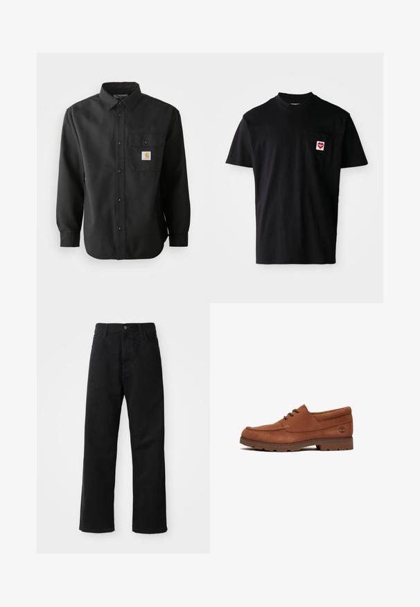 Chemise noire à manches longues avec un devant boutonné, un col pointu et une poche poitrine arborant un patch logo. Tissu doux et texturé.; T-shirt en coton noir avec un col rond, des manches courtes et une poche sur la poitrine gauche arborant un patch en forme de cœur rouge avec du texte blanc.; Pantalons en denim noir à coupe droite, avec poches avant, fermeture éclair et un seul bouton supérieur. Tissu texturé avec une finition mate.; Chaussure en suède marron avec un profil bas, un bout rond et une semelle en caoutchouc marron. Présente des coutures discrètes et un logo sur le côté extérieur.