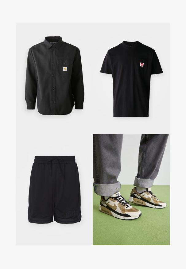 Juodas ilgas rankovės marškinėliai su mygtukų uždarymu, smailiu apykakle ir krūtinės kišenę, kurioje yra logotipo pleistras. Minkšta, tekstūruota medžiaga.; Juodas medvilnės marškinėliai su apvalia iškirpte, trumpomis rankovėmis ir kišenėle kairėje krūtinės pusėje, ant kurios yra raudonas širdies aplikacija su balta tekstu.; Juodi sportiniai šortai, pagaminti iš tinklinės medžiagos, su elastinga juosmens juosta ir raišteliu, šoninėmis juostelėmis ir logotipu ant krašto.; Nike Air Max 90 sportbačiai smėlio ir juodos spalvos, pagaminti iš akių ir odos medžiagų, matoma amortizacija ir juodi raišteliai.