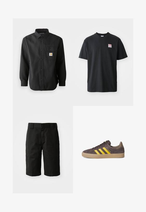 Chemise noire à manches longues avec un devant boutonné, un col pointu et une poche poitrine arborant un patch logo. Tissu doux et texturé.; T-shirt en coton noir avec col rond, manches courtes, et une petite étiquette colorée sur la poitrine gauche avec le mot "SUPERIOR."; Shorts en coton noir avec une coupe droite, des passants de ceinture et un devant plat. Comprend des poches sur les côtés et une texture lisse.; Baskets en daim grises avec trois rayures jaunes, semelle en caoutchouc, et détails texturés. Nom de la marque "Gazelle" sur le côté. Conception simple à lacets.