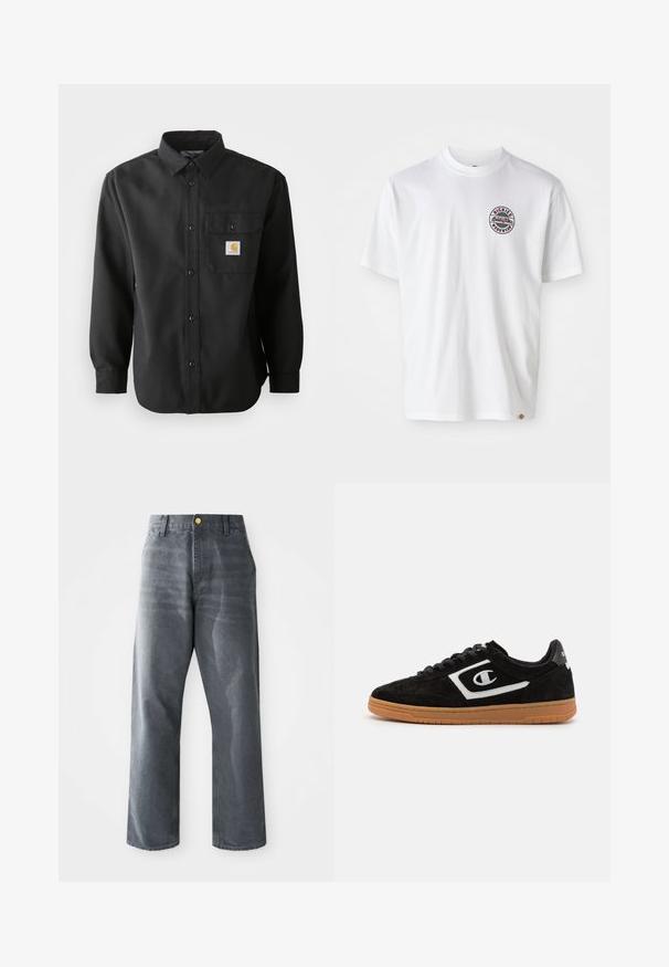 Cameră neagră cu mâneci lungi, cu un sistem de închidere cu nasturi în față, guler ascuțit și un buzunar pe piept cu o etichetă logo. Material moale, texturat.; Tricou alb din bumbac cu un logo rotund pe piept. Decolteu rotund, mâneci scurte, croială lejeră, cu accente roșii și negre.; Jeanși din denim gri pentru bărbați, cu croială lejeră și picioare largi, dotati cu buzunare frontale și un buton auriu vizibil pe talie.; Adidași din suede negru cu un logo alb, design cu șireturi și talpă din cauciuc caramel. Au o textură netedă și o formă rotundă.