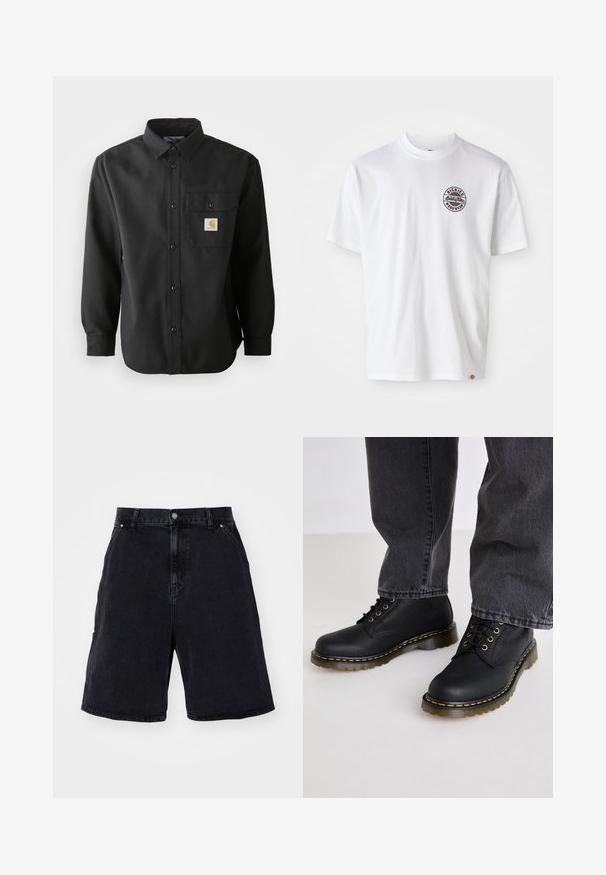 Maglietta nera a maniche lunghe con bottoni sul davanti, colletto a punta e taschino sul petto con una toppa con logo. Tessuto morbido e strutturato.; T-shirt bianca in cotone con un logo rotondo sul petto. Collo crew, maniche corte, vestibilità rilassata, con accenti rossi e neri.; I pantaloni corti in denim neri presentano una vestibilità rilassata, un design a cinque tasche standard e una chiusura con bottone in metallo. Texture liscia con una minima scoloritura.; Stivali neri in pelle lacciati con finitura testurizzata, suola in gomma spessa e accenti di cucitura gialla, abbinati a pantaloni di denim grigi.